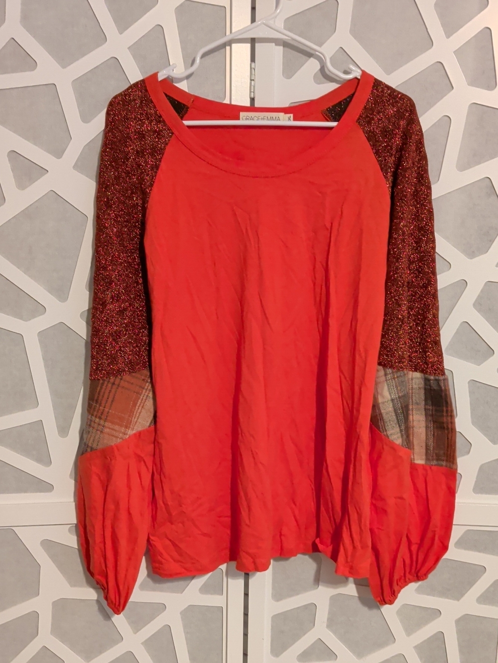 Coral Mixed-Texture Long-Sleeve Raglan Top